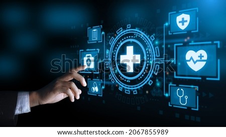 Business hand clicks to health icon for healthcare medical, Insurance for your health concept and spread attention on their healthcare, rising growth in hospital and health insurance business.