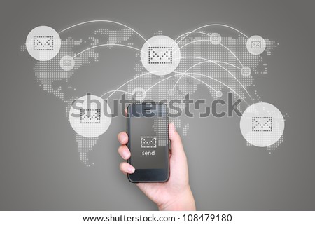 Business hand hold Touch screen mobile phone and buttons e-mail