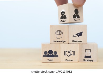 business hand man put arranging on wooden cube block that family or company Succession business concept from old generation to next generation. transfer Knowledge, Direction, Team, Partner, Strategy