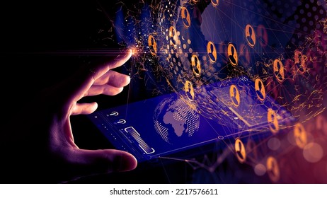 Business hand reaching global structure network and data exchanges customer connection with new virtual smart phone interface