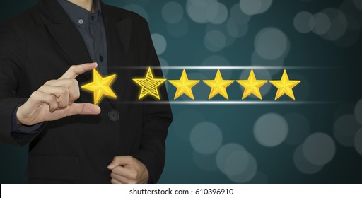 Business Hand Select Yellow Marker On Five Star Rating. Concept Customer Service Excellent.