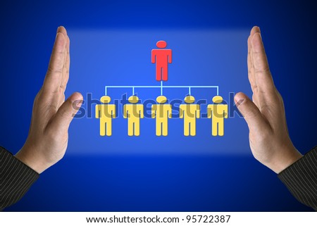 Business Hand with Simple Organization Chart on Technology Virtual Screen for Workforce Concept