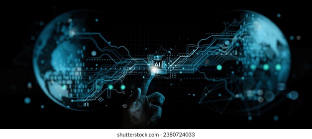 Business hand touch AI icon to connect and change future of the planet earth,global,world, technology concept.