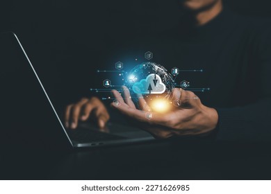 Business  hand using cloud computin Storage and data transfer Cloud network , Cloud technology. Networking and internet service concept.