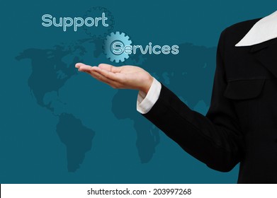 Business Hand With  Word Support And Services On Virtual Screen.