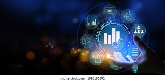 Business hand Worker holding Business analytics Big data analysis technology future concept on VR screen on blur background.
