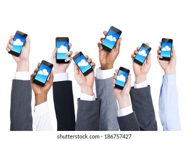 Business Hands Holding Phones With Clouds