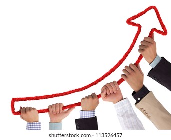 Business hands holding red arrow pointing upwards - Powered by Shutterstock