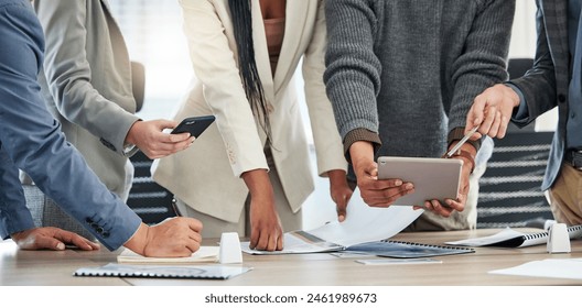 Business, hands and meeting with paperwork for strategy with action plan, decision making and problem solving for budgeting.Corporate, people and technology for online review on company finances. - Powered by Shutterstock