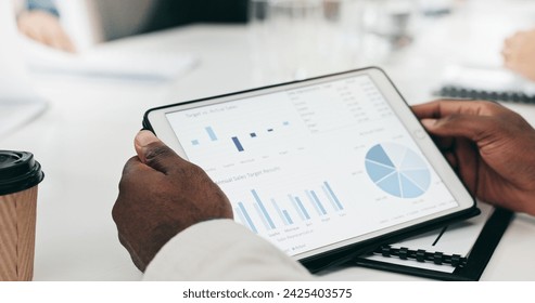 Business hands, screen and tablet for data analytics, graphs and chart or marketing profit, increase and planning in meeting. Professional people and clients with infographics on digital technology