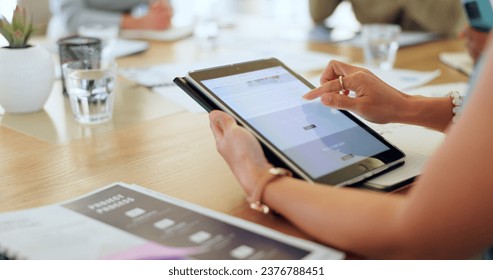 Business hands, screen and tablet for meeting, project proposal and website launch and software review. Professional person scroll on digital technology of ui or ux design feedback, FAQ or newsletter
