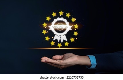 Business hands showing virtual guarantee icon tag label for giving the best quality assurance for guarantee product or feedback review satisfaction service satisfaction survey. - Shutterstock ID 2210738733