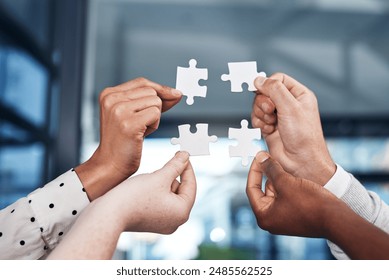 Business hands, teamwork and puzzle for group problem solving, objectives and integration with project solution. People in circle with creative game for cross departmental collaboration and workflow