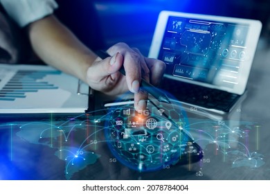 Business Hands Working With Tablet And Network Digital Finance Marketing Chart And Future Innovation, Technology Digital Transformation Concept, Blurred Background.