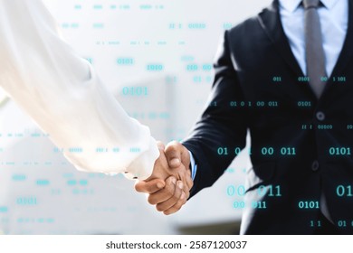 Business handshake with digital binary code overlay. Professional agreement. Business partnership. Digital handshake. Business deal concept. Business image.
