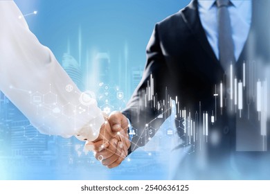 Business handshake with digital overlay, symbolizing partnership and technology. Professional handshake, digital elements, and business collaboration. Business people shaking hands for an agreement. - Powered by Shutterstock