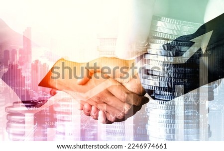 Business handshake on finance prosperity and money technology asset background . Economy and financial growth by investment in valuable stock market to gain wealth profit form currency trading