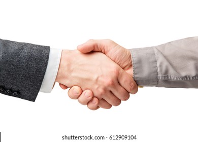 Business Handshake And Business People Concepts. Two Men Shaking Hands Isolated On White Background. Close-up Image Of A Firm Handshake Between Two Colleagues. 