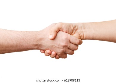 Business handshake and business people concepts. Two men shaking hands isolated on white background. Close-up image of a firm handshake between two colleagues.  - Shutterstock ID 612909113