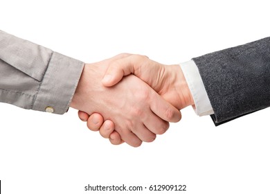 Business Handshake And Business People Concepts. Two Men Shaking Hands Isolated On White Background. Close-up Image Of A Firm Handshake Between Two Colleagues. 