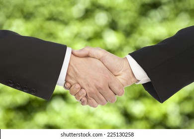 Business Handshake And Business People, On Beautiful Green Background