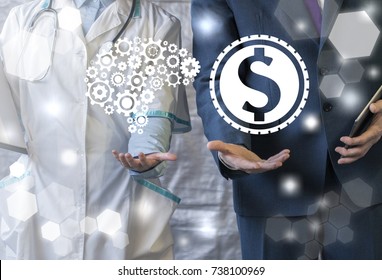 Business and Healthcare. Investments in the integration of information technology. Doctor offers brain gears sign, businessman represent dollar coin icon on virtual interface.