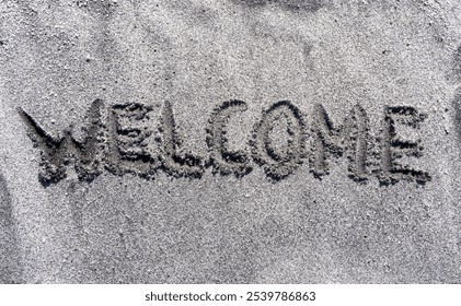 Business hello and welcome concept. Concept word Welcome written on beautiful ocean sand beach. Beautiful ocean sand beach background, copy space. Business hello and welcome concept. - Powered by Shutterstock