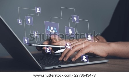 Business hierarchy  company structure concept. Business process plan and workflow automation flowchart. Virtual screen Mindmap or Organigram. Relations of order or subordination between member.