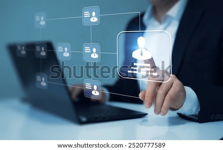 Business hierarchy structure. Business process and workflow automation with flowchart.  Virtual screen Mindmap or Organigram.Relations of order or subordination between members.