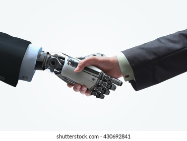 Business Human und Robot Hände in Hand. Design-Konzept für künstliche Intelligenz-Technologie Freundschaft zwischen künstlicher und echter menschlicher konzeptueller Vorlage. Einzeln auf weißem Hintergrund