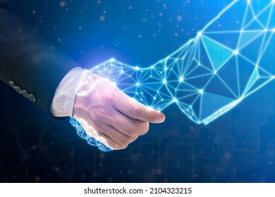 Business human and robot hands shake. Concept future business illustration. Polygonal space low poly with connecting dots and lines. Future wireframe concept. Connection structure.