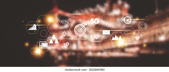 Business icons set with night shift of offshore platform. Icons for business management  goal strategy and action plan. Global customer network connection  on virtual interface. Analyze market stock.