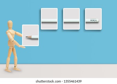 Business Idea Concept : Wooden figure mannequin hang white pencil in picture frame on blue wall. - Powered by Shutterstock