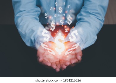 Business Idea Dollar Sign Hand Holding Dollar Icon Conceptual, Creative Idea Business Technology Make Money Success Concept Background.