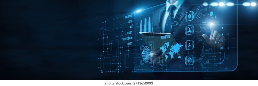 Business identity security touching interface and biometric recognition authentication fingerprint face scan access control verification privacy protection innovation.