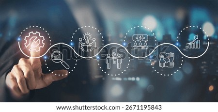 Business improvement and solution strategy. Interfacing with floating icons analytics, innovation, teamwork, process, collaboration and growth. Strategic planning and continuous improvement.