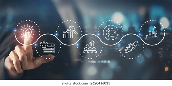 Business Innovation and Growth Strategy Concept. A hand interacts with a digital interface icons symbolizing innovation, data analysis, teamwork, process optimization and business growth.