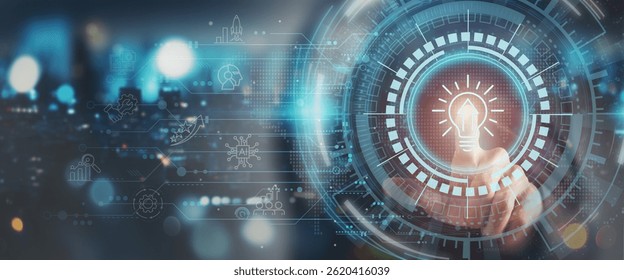 Business Innovation and Growth Strategy Concept. A hand interacts with a digital interface icons symbolizing innovation, data analysis, teamwork, process optimization and business growth.