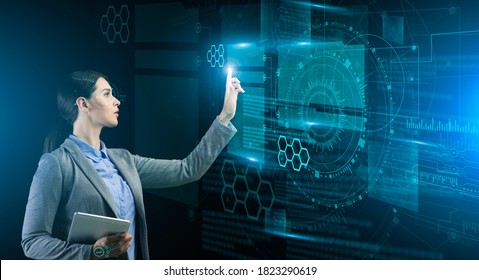 Business Innovations. Businesswoman Pressing Button On Digiutal Virtual Screen Interface With Infographic, Creative Collage In Futuristic Style, Abstract Design, Panorama - Powered by Shutterstock