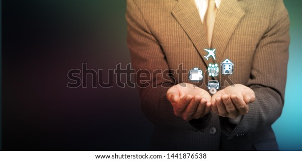 Business Insurance concept, man hand holds\
travel illustration