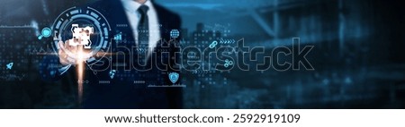 Business Integration: Strategy alignment, digital transformation, process automation, data synchronization, enterprise solutions, Businessman analyses interconnected technological data.