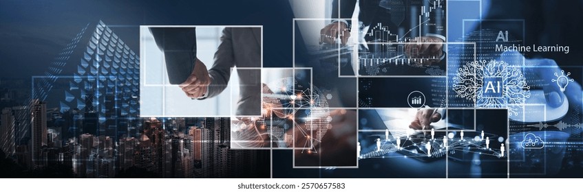 Business Intelligence AI tech development, Business finance technology background. Data analysis for business deveopment success and digital marketing plan and strategy, global network AI technology