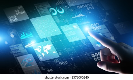 Business Intelligence Analyst Dashboard On Virtual Screen. Big Data Graphs Charts.