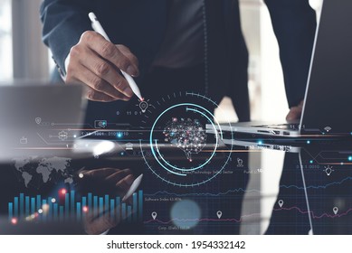 Business Intelligence (Bi), Artificial Intelligence (Ai), Digital Marketing, Business Strategy, Technology Concept. Businessman Using Digital Tablet, Laptop Computer With Data And Technology Icons