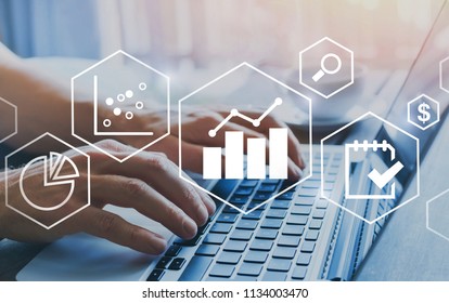 business intelligence BI concept, financial charts to analyze profit and finance performance of company, hands typing on computer on background