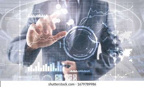 Double Exposure Businessman Shows Modern Technology Stock Photo (Edit ...