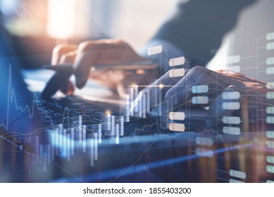 Business intelligence, blockchain technology, big data concept. Business man working on laptop computer with financial graph, monitoring on stock market report and encrypted blocks on virtual screen