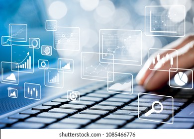 Business Intelligence Concept. Big Data Analytics, Chart And Graph Icons And Female Hands Typing On Laptop.