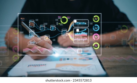 Business Intelligence concept - data analysis, management tools, intelligence, corporate strategy creation, data-driven decision making
