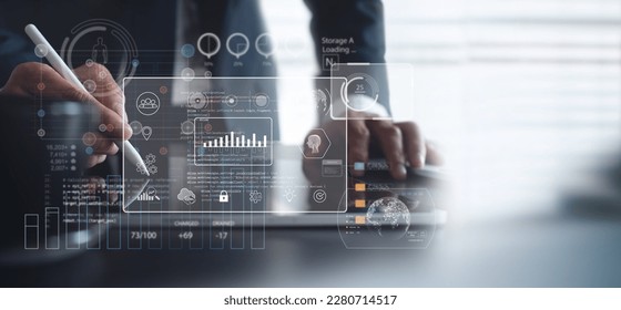 Business Intelligence, Data analysis technology concept. Businessman using digital tablet programming with AI computer dashboard and big data, global network, business plan, strategy, data management